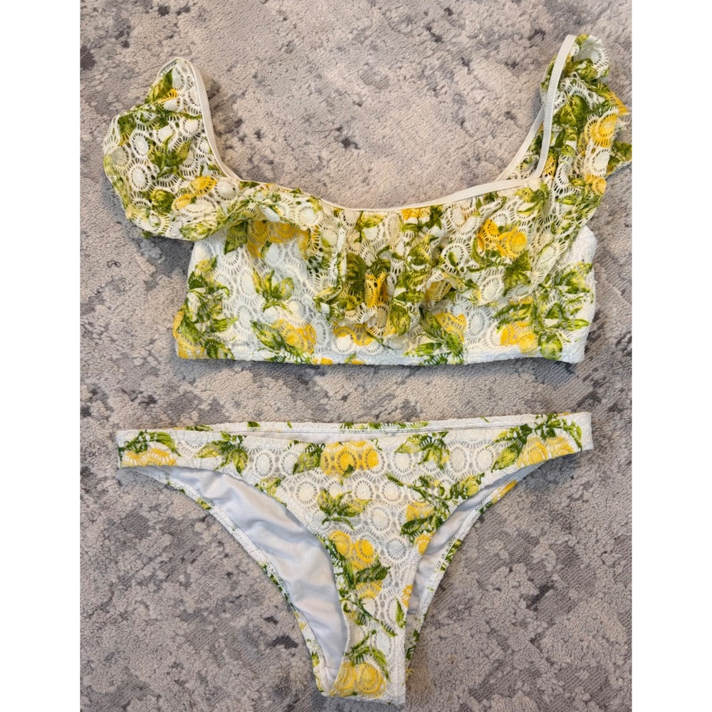 Cabana del Sol Lemon‎ Print Lace Ruffle Bikini Set Yellow White Large